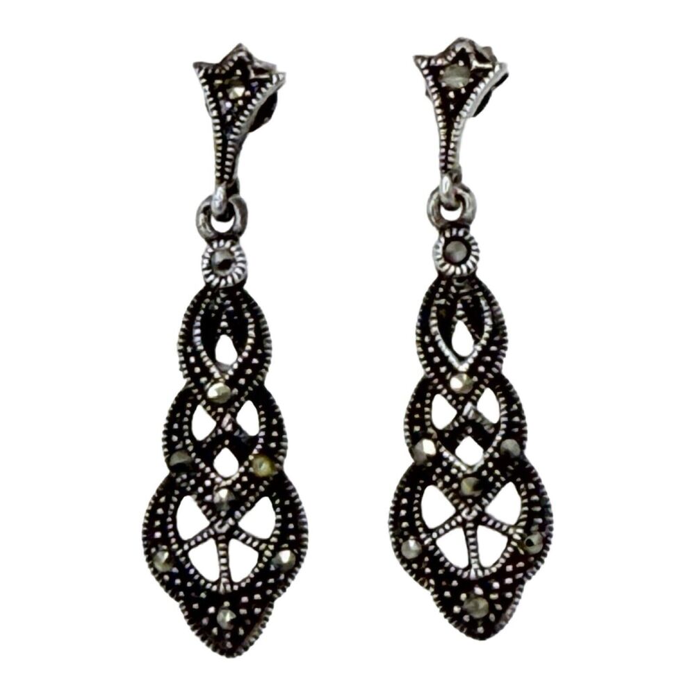 925 Sterling Silver Marcasite Dangle Earrings 1 3/8" Tiered Art Deco Sparkle - Picture 2 of 10